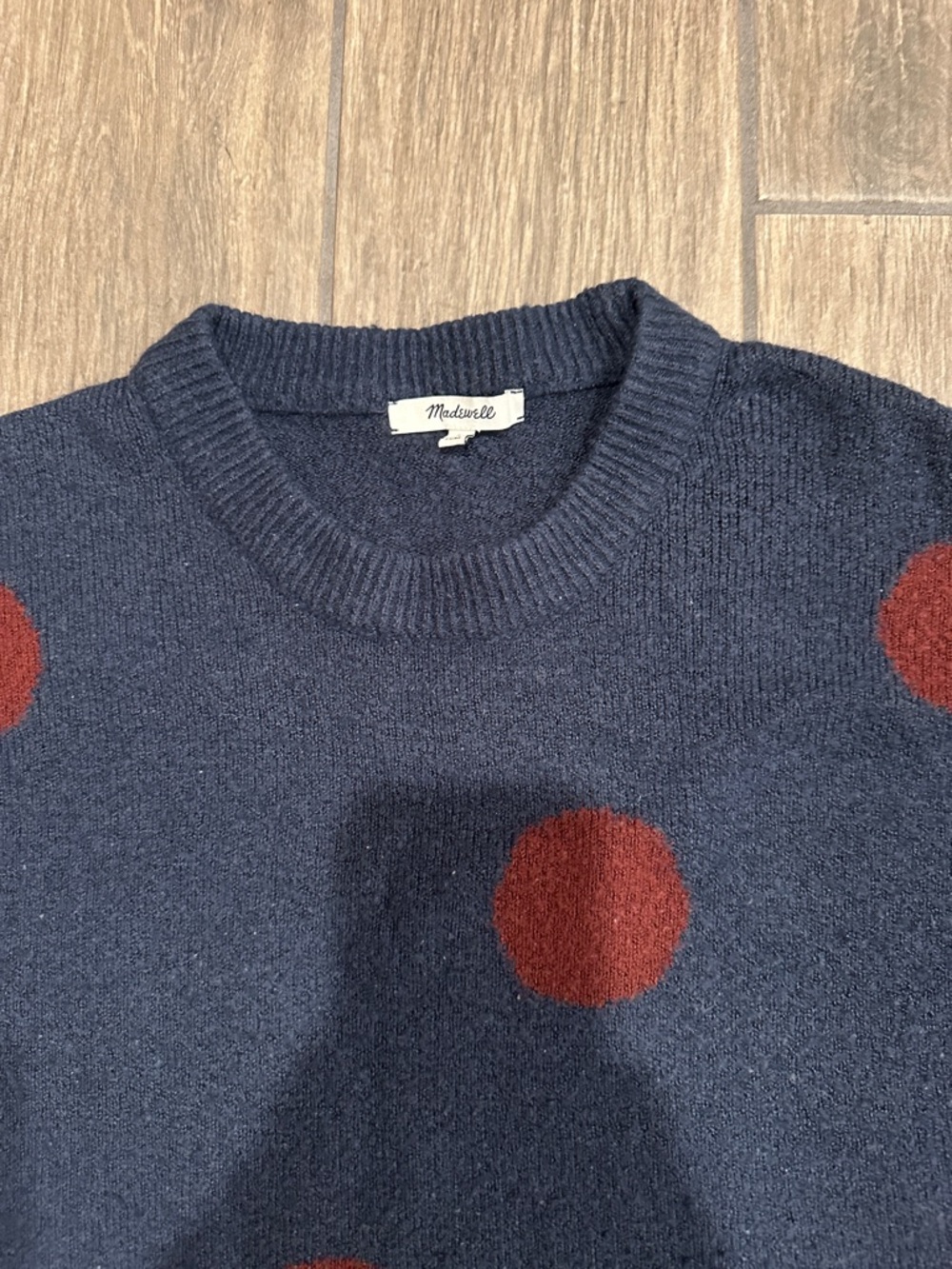 Madewell Navy Crewneck Sweater with Rust Polka Dots. Wool Blend. Size Small - Picture 3 of 8